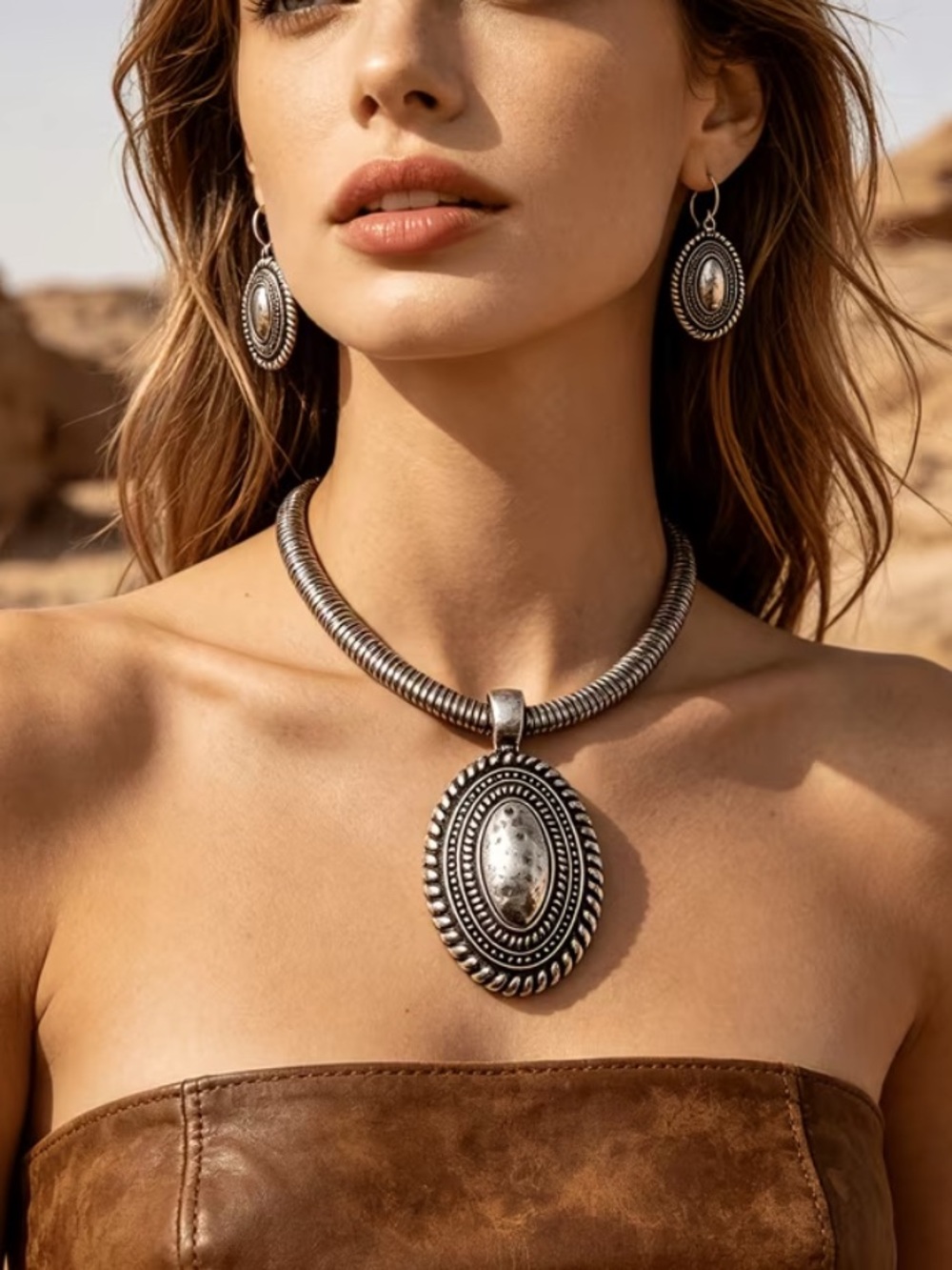 Western-Inspired Plated White K Oval Pendant Necklace & Earrings Set